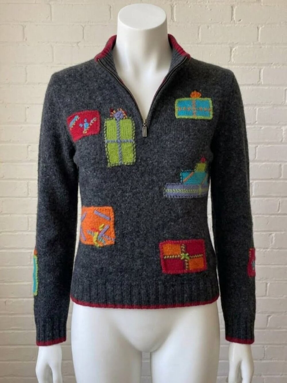 Woolrich Wool Zip Collar Gray Christmas Present Patchwork Sweater Women's S